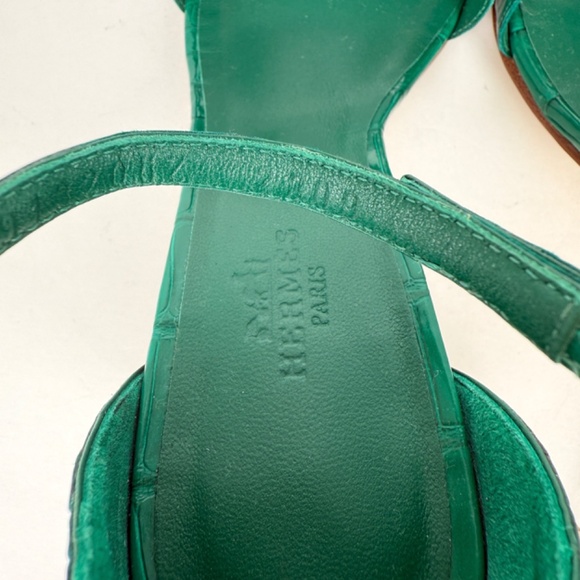 HERMES Joy 70 Special Order Green Shiny Mississippiensis Alligator Sandals 37 - Picture 9 of 13